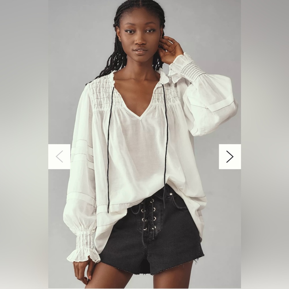 Anthropologie White Long-Sleeve Airy Babydoll Blouse Tunic Top Size Small